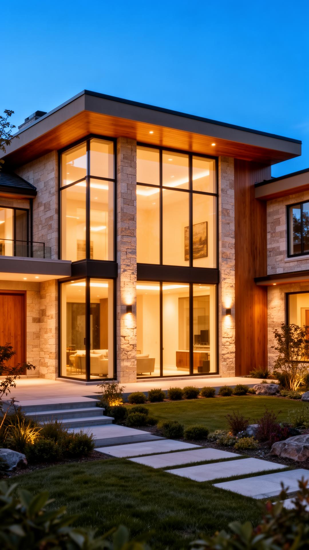 Modern home interior with grand staircase and floor-to-ceiling windows